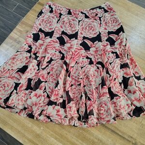 JONES NEW YORK COLLECTION 100% Silk Floral A-Line Midi Skirt in Black and Pink